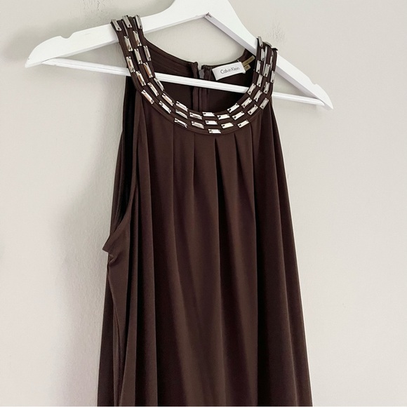 NWT Calvin Klein Women’s Beaded Neck Scoop Neck Sleeveless Dress Brown Size 10 - Picture 3 of 8